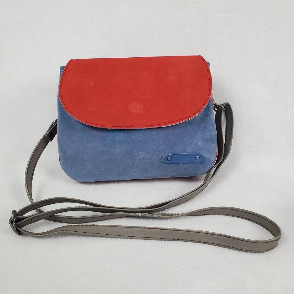 Women's Suede Crossbody Bag with Red Flap and Blue Body
